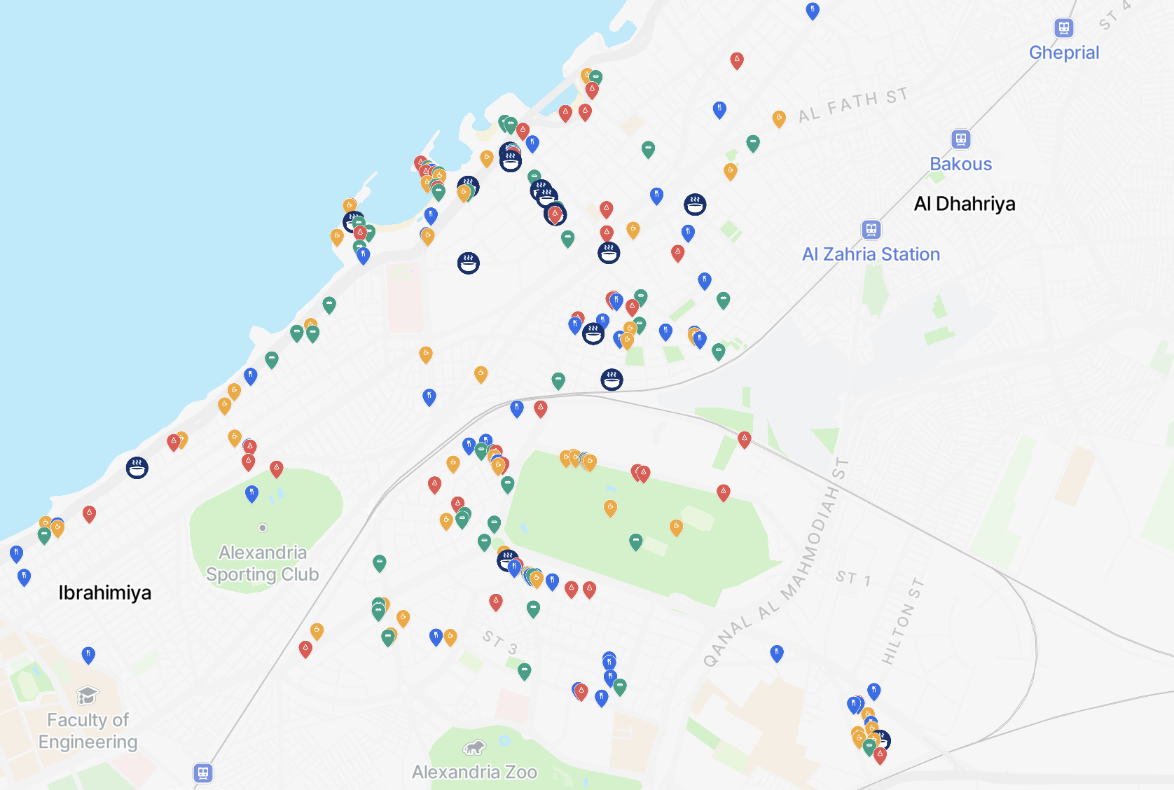 Map of Alexandria with NearbyGPT restaurant pins across Roushdy, Smouha, and the Corniche